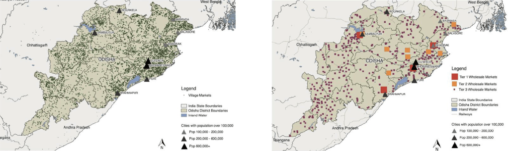 Side by side maps showing the distribution of village markets vs. wholesale markets in the Indian state of Odisha.