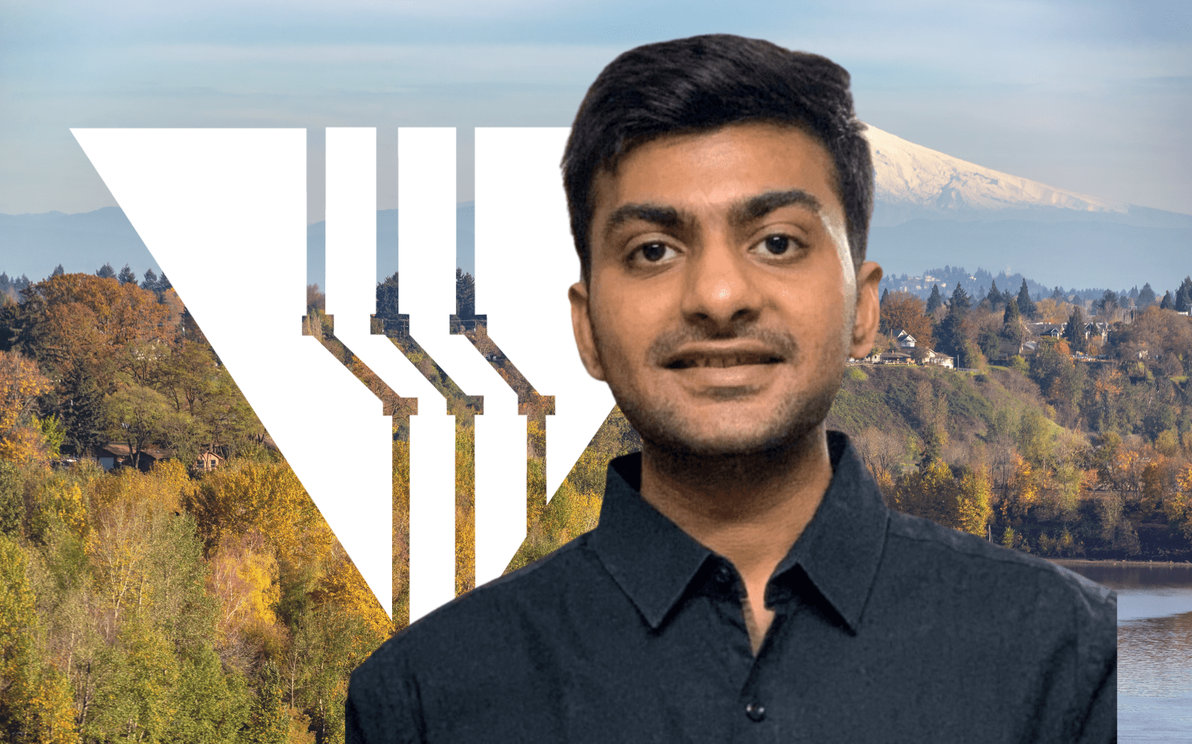 A photo of Krish on a backdrop image of Portland, Oregon.