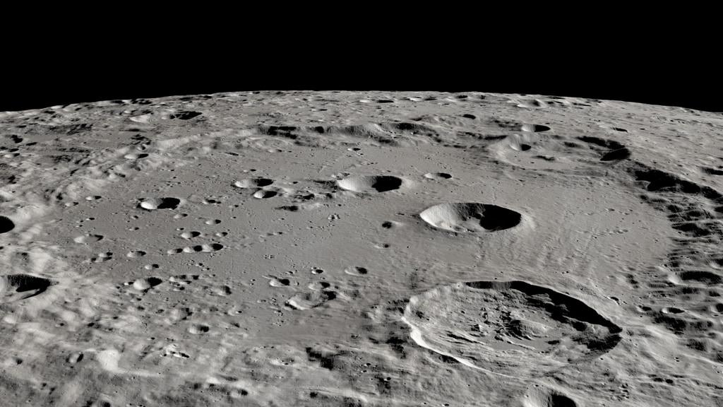 A computer visualization of the Moon's Clavius crater, looking south.