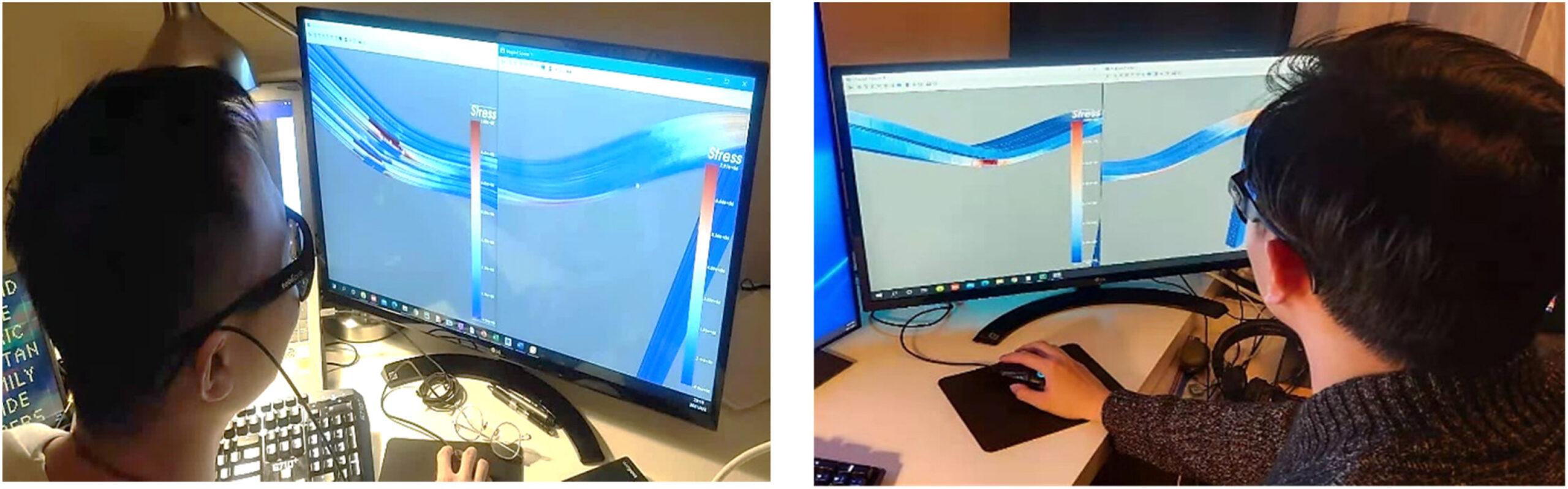 Two images of people wearing glasses. They are looking at computers with models of bridges and a legend bar color-coded to indicate stress levels.