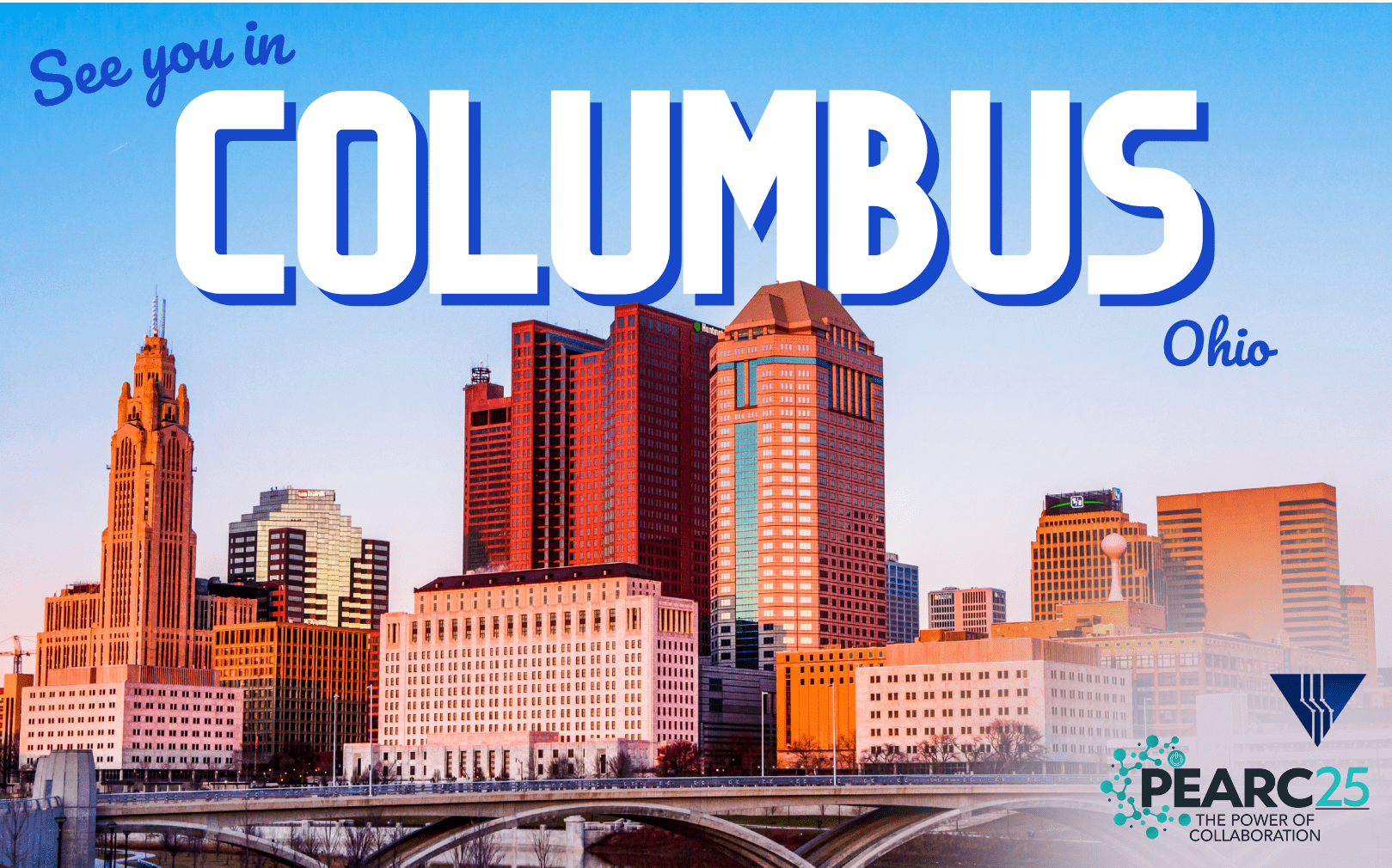 Graphic in the style of a postcard, reading: "See you in Columbus, Ohio; PEARC25"