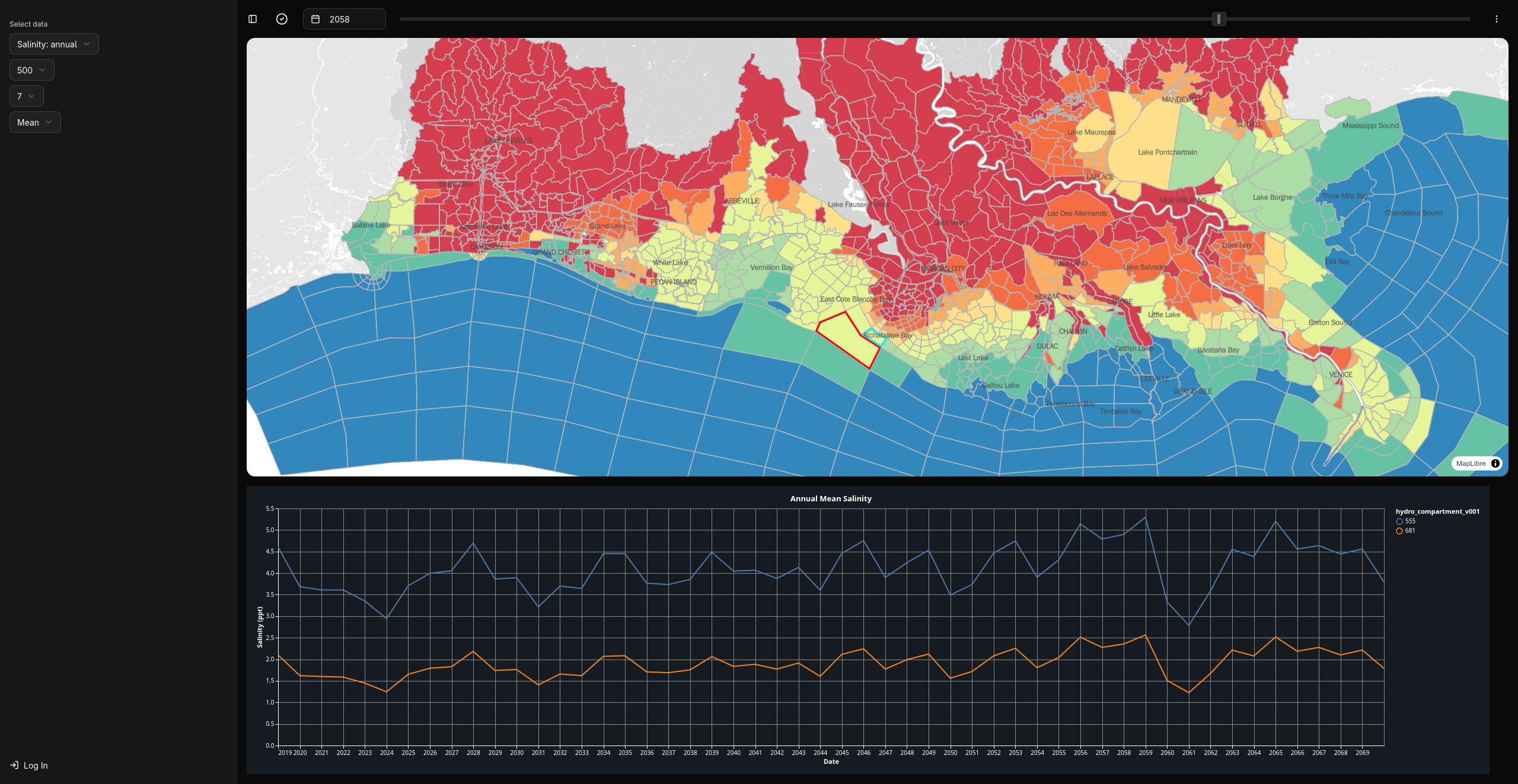 A screenshot of a data portal showing a salinity levels on a map and a line graph.