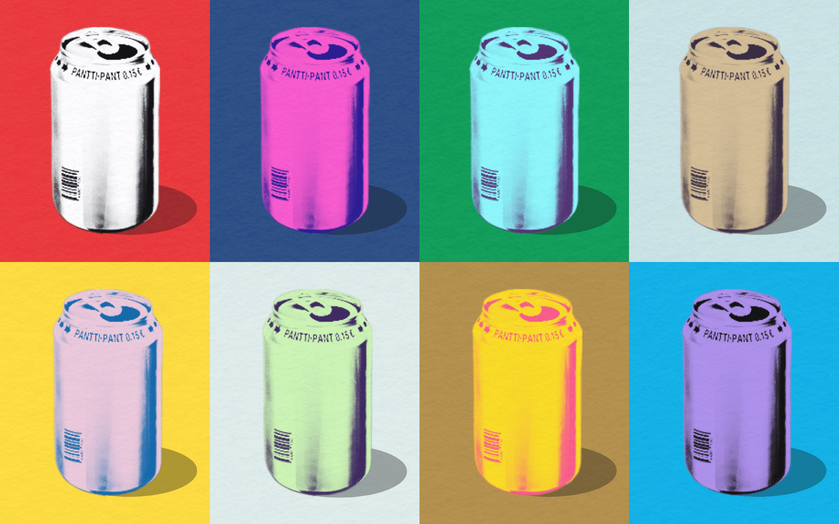 Pop art style treatment of a beverage can set to different colors and backgrounds. 